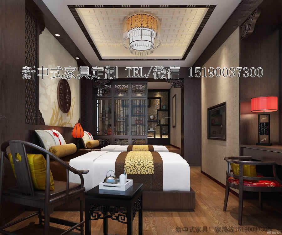 新中式客栈宾馆家具床10