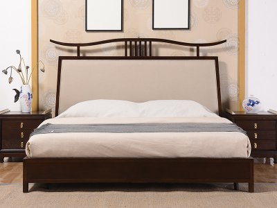新中式床定制，实木布艺大床定制，现代中式民宿客栈床定制厂家